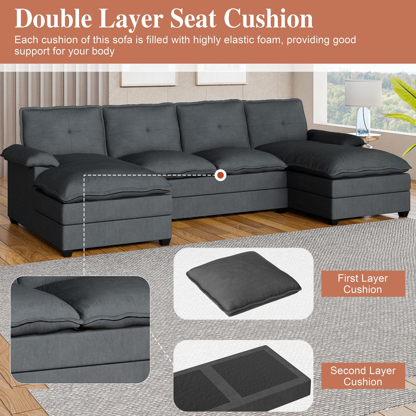 Meilocar 110“ Sectional Couches for Living Room, U-Shaped Sofa Couch with Double Chaise, Cloud Couch Sectional Sofas 4 Seat Sofa Set for Living Room, Black