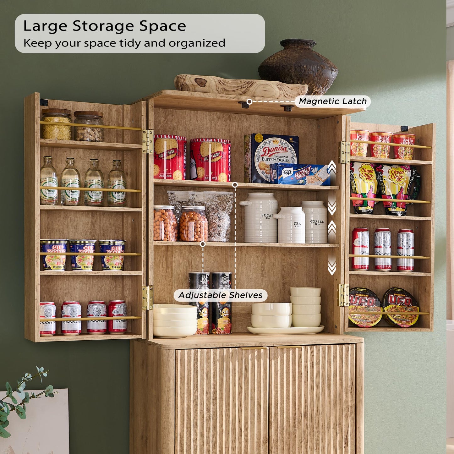 OKD Fluted Kitchen Pantry, 72" Tall Mid Century Modern Storage Cabinet with Adjustable Shelves & Door Organizer, Wood Cabinet for Kitchen, Living Room, Natural Oak