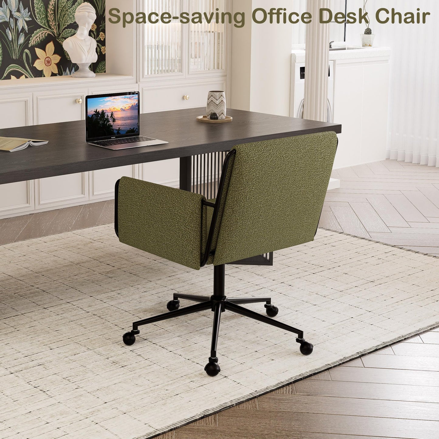 YOUTASTE Wide Office Chair with Wheels, Comfy Modern Rolling Swivel Desk Chair with Green Bouclé Fabric, Backrest, Armrests, 300 lbs Capacity, Ideal for Makeup Vanity, Computer, Study & Bedroom