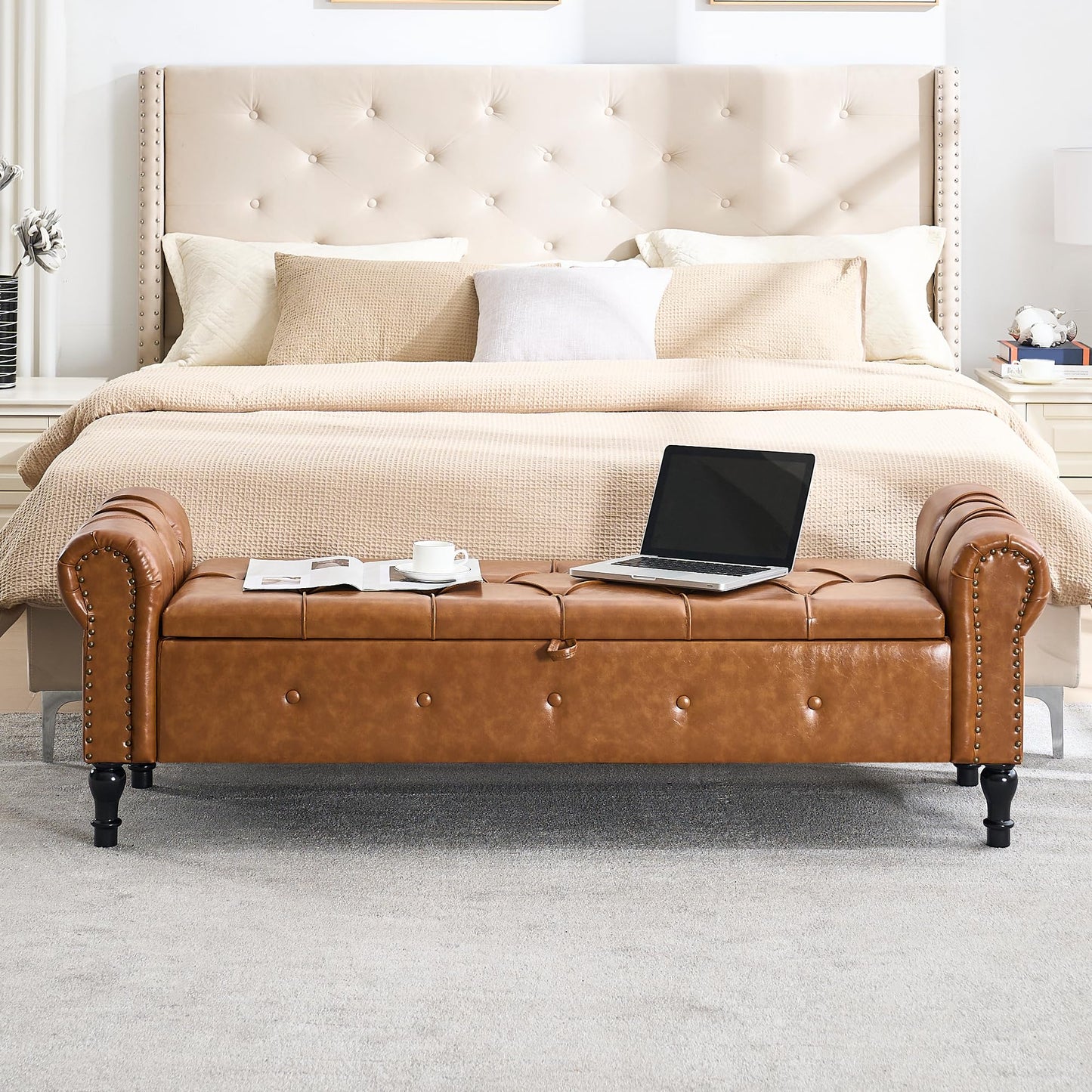 HOMYKA Storage Bench for Bedroom, Faux Leather 67" End of Bed Bench, King Size Bench with Arms, Tufted Storage Ottoman Benches, Upholstered Bench for Bedroom, Living Room, Entryway, Brown