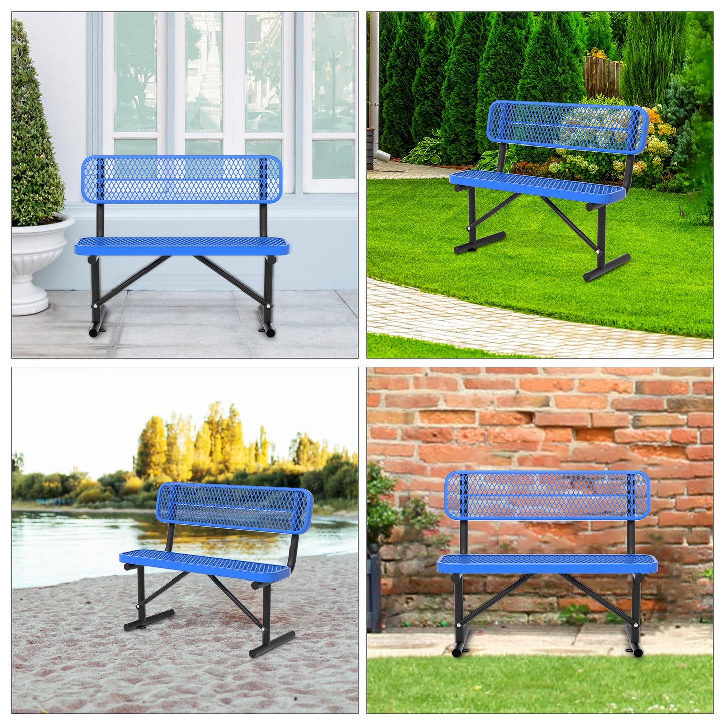 HIMcup 4 Feet Park Benches for Outside,Heavy Duty Patio Garden School Commercial Benches, Weatherproof Outdoor Bench Metal Blue Outdoor Bench, Outdoor Steel Bench with Backrest,48x23.2x32.5inch
