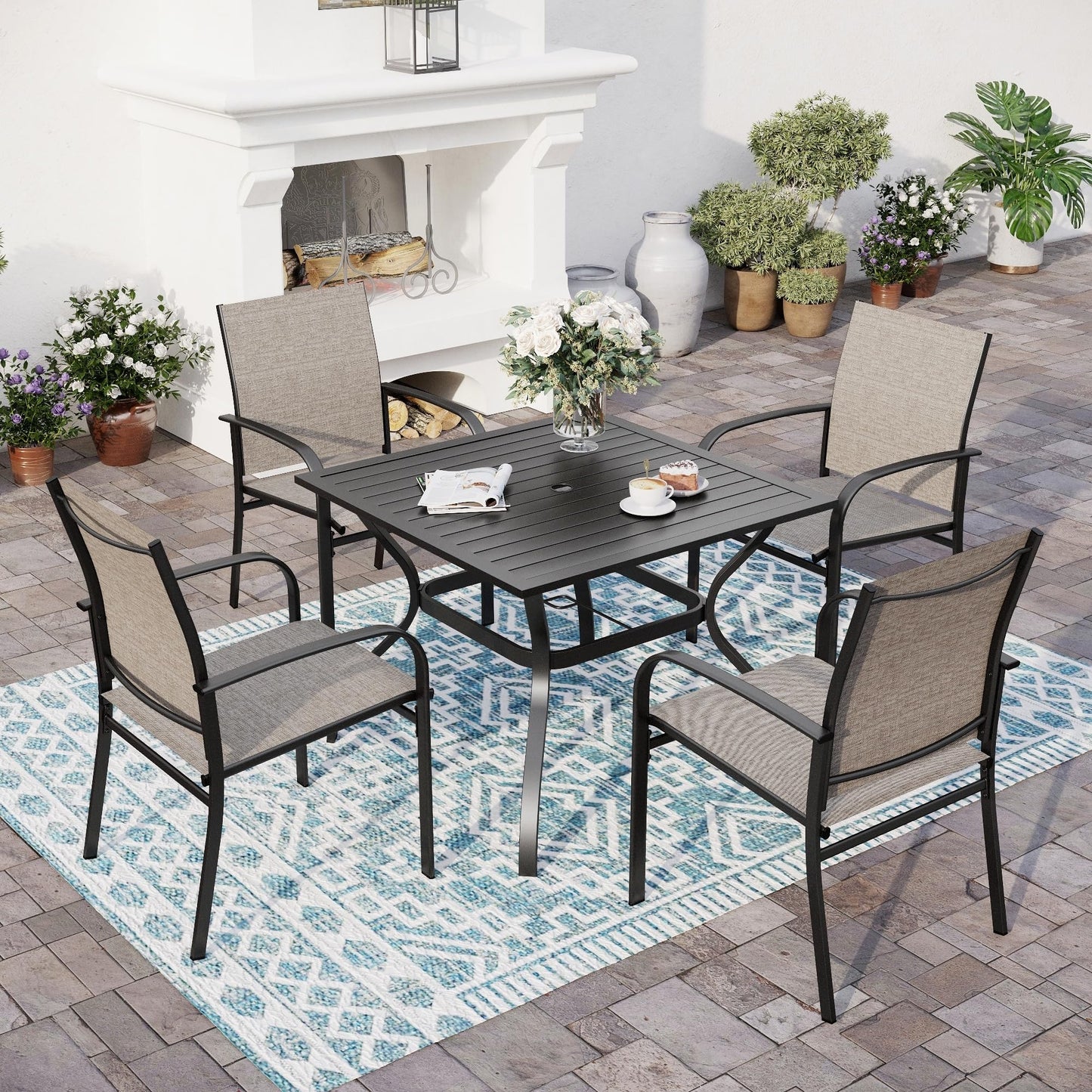 SUNSHINE VALLEY 5 Piece Patio Dining Set for 4, 37”x37” Square Table with Umbrella Hole, 4 Metal Brown Chairs, Outdoor Table and Chairs Set for Lawn Backyard and Deck