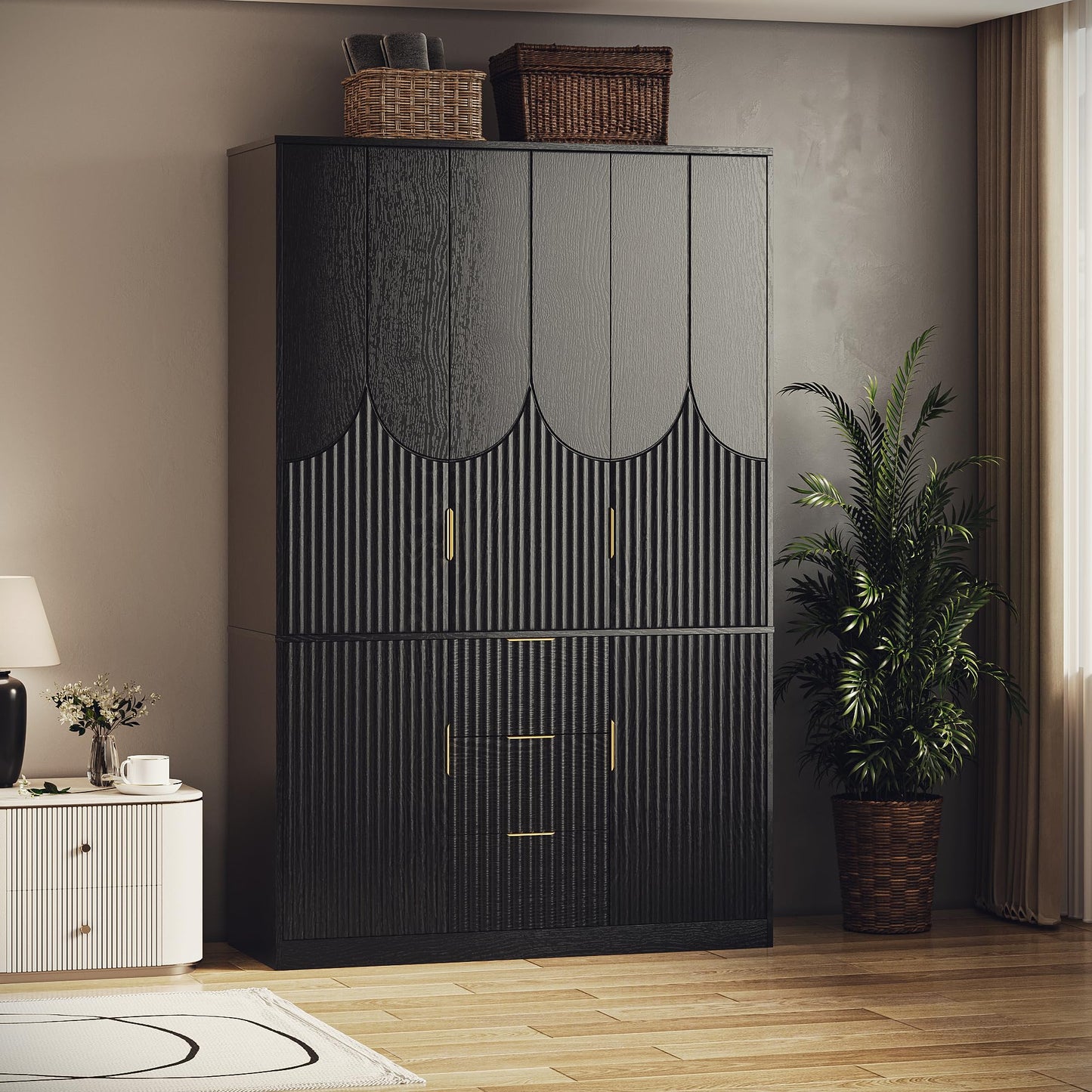 TOKSOM 71" Wardrobe Armoire Wooden Closet with 3 Doors 3 Drawer and 2 Cabinet, Bedroom Armoire with Hanging Rod Shelf, Modern Wooden Bedroom Armoire Freestanding Wood Closet Storage Cabinet