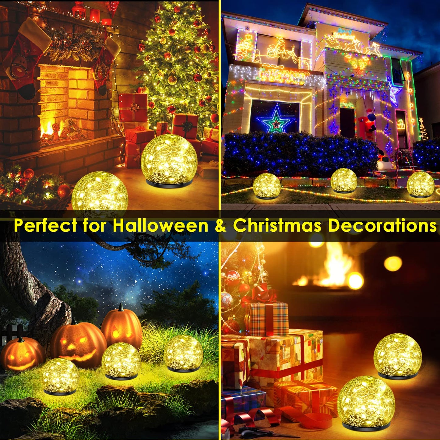 Keevvon 2 Pack 60 LED Solar Garden Lights Outdoor Decoration, Cracked Glass Solar Globe Lights, Upgraded Waterproof Warm White Ball Lights for Yard Pathway Patio Halloween Christmas Outside Decor