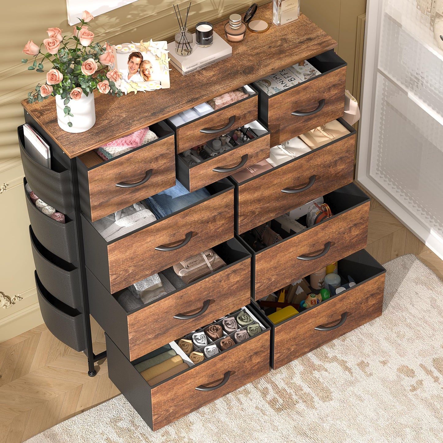 Lulive Dresser for Bedroom with 10 Drawers, Chest of Drawers with Side Pockets and Hooks, Fabric Storage Organizer Unit for Living Room, Hallway, Closet (Rustic Brown)