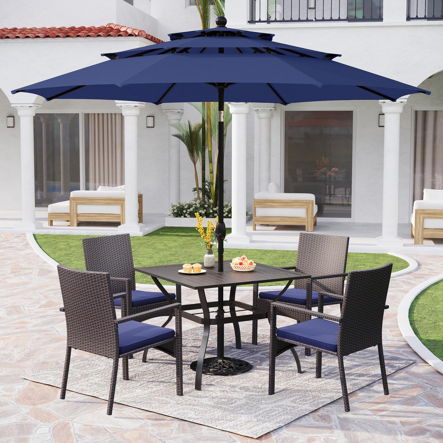 PHI VILLA 5 Piece Outdoor Dining Set with Umbrella, 37" Square Metal Dining Table & Cushioned Rattan Chairs with 10ft Blue Umbrella for Patio, Deck, Yard, Porch