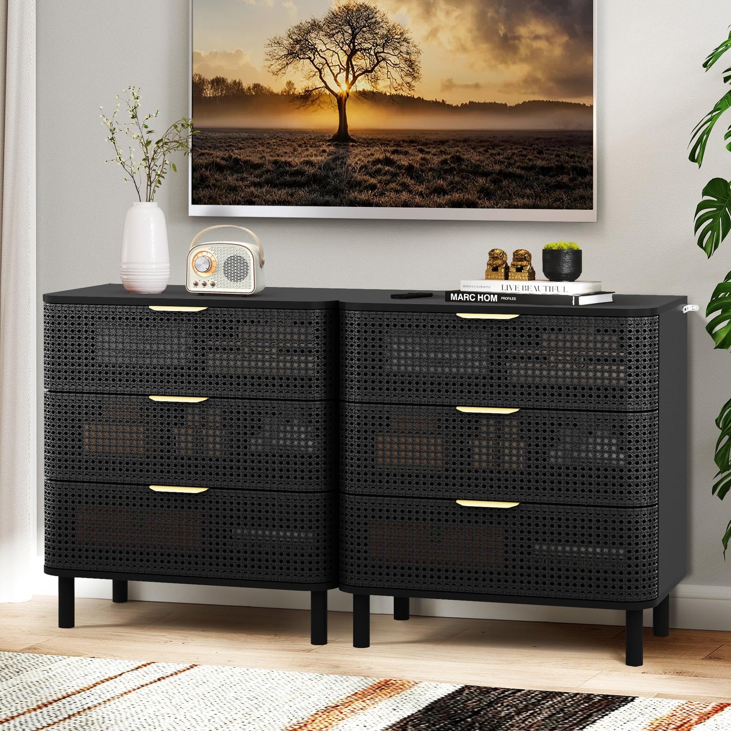 YZRSTY 3 Drawer Dresser for Bedroom, Modern Iron Closet Dressers Chest of Drawers, Boho Rattan Wide Dresser Nightstand with Storage Drawers for Living Room, Dressing Room, Entryway, Hallway