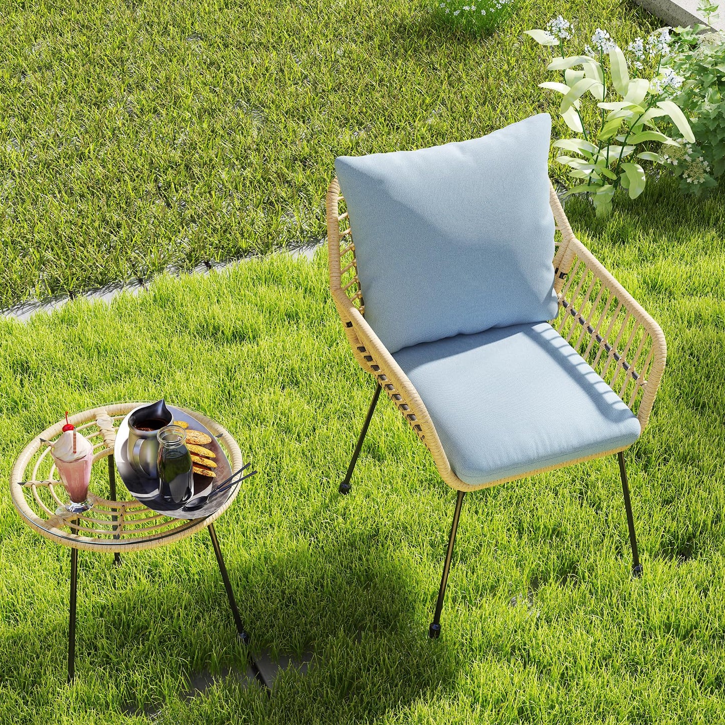 DAYARUS 3 Pieces Patio Bistro Set, Upholstered Rattan Outdoor Chairs with Coffee Table, Metal Frame Bistro Table and Chairs Set of 2, Modern Patio Conversation Set for Porch/Yard/Pool, Blue