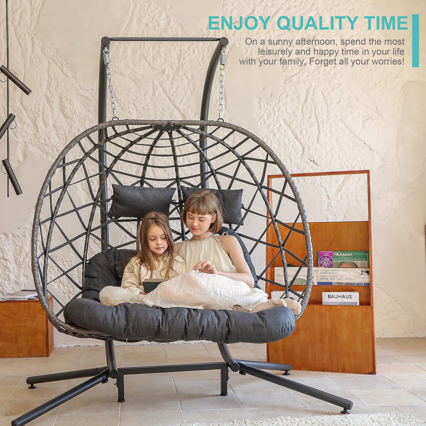 SWITTE Double Egg Swing Chair with Stand, 2 Person Outdoor Indoor Hammock Hanging Chair with Cushion for Patio Living Room 550 LBS Capacity-Dark Grey