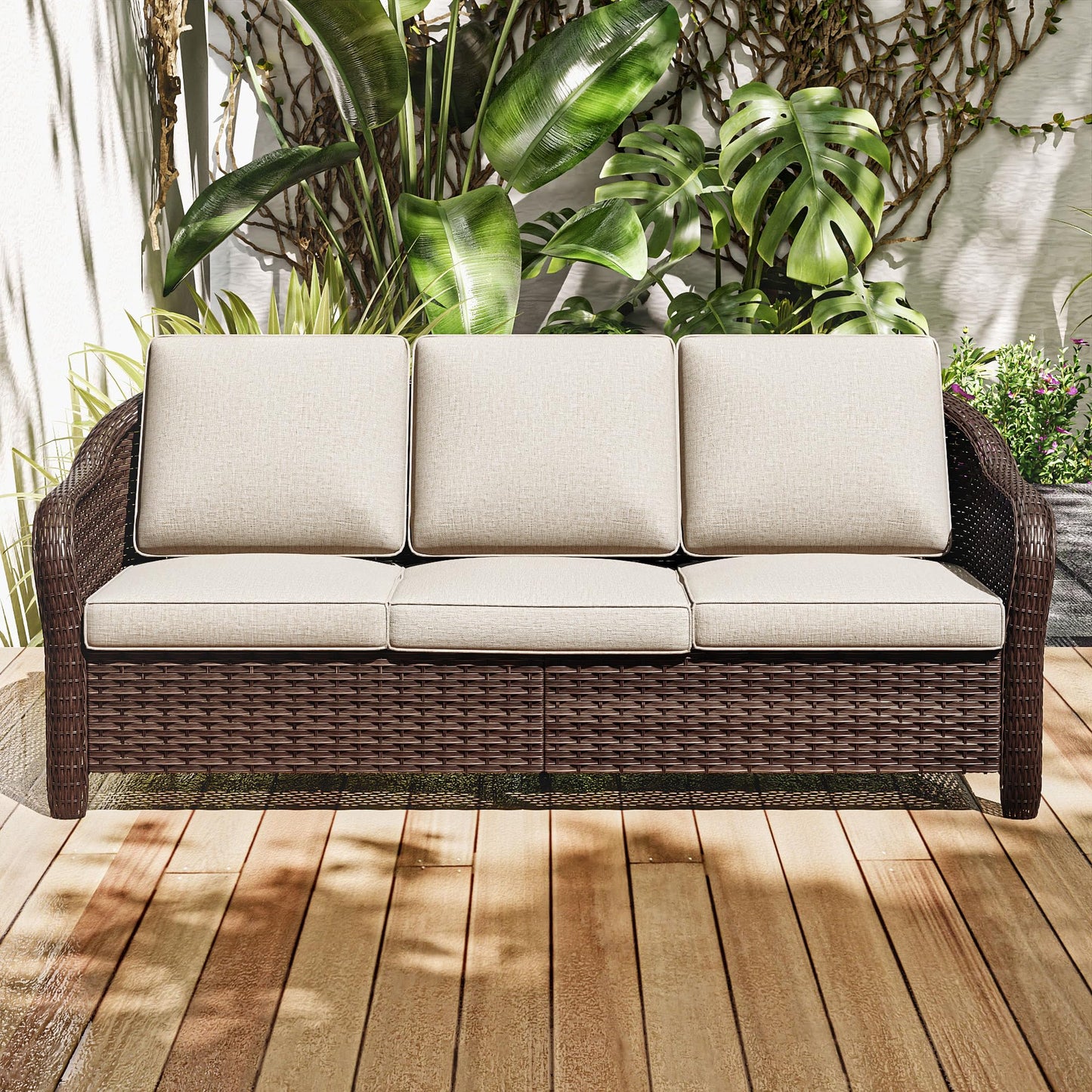 MeetLeisure 78" Wicker 3-seat Sofa, Outdoor Conversation Furniture, All-Weather Rattan Couch, Steel Frame Couch with Cushions for Garden, Poolside, Porch (Beige)