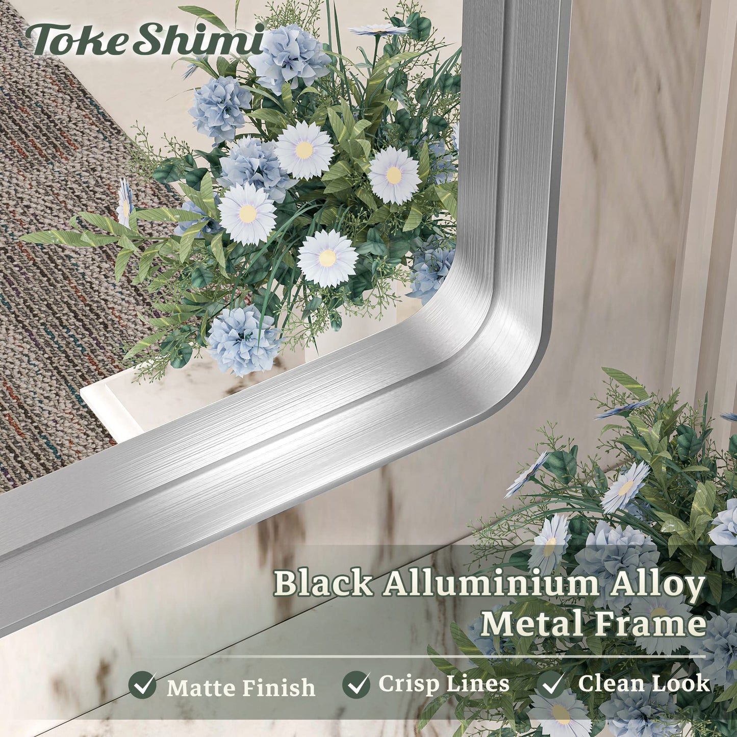 TokeShimi 24 x 32 Inch Brushed Silver Bathroom Mirror for Wall Brushed Brass Metal Rounded Corner Rectangle Mirror Metal Frame Deep Set Design Hangs Horizontal Or Vertical
