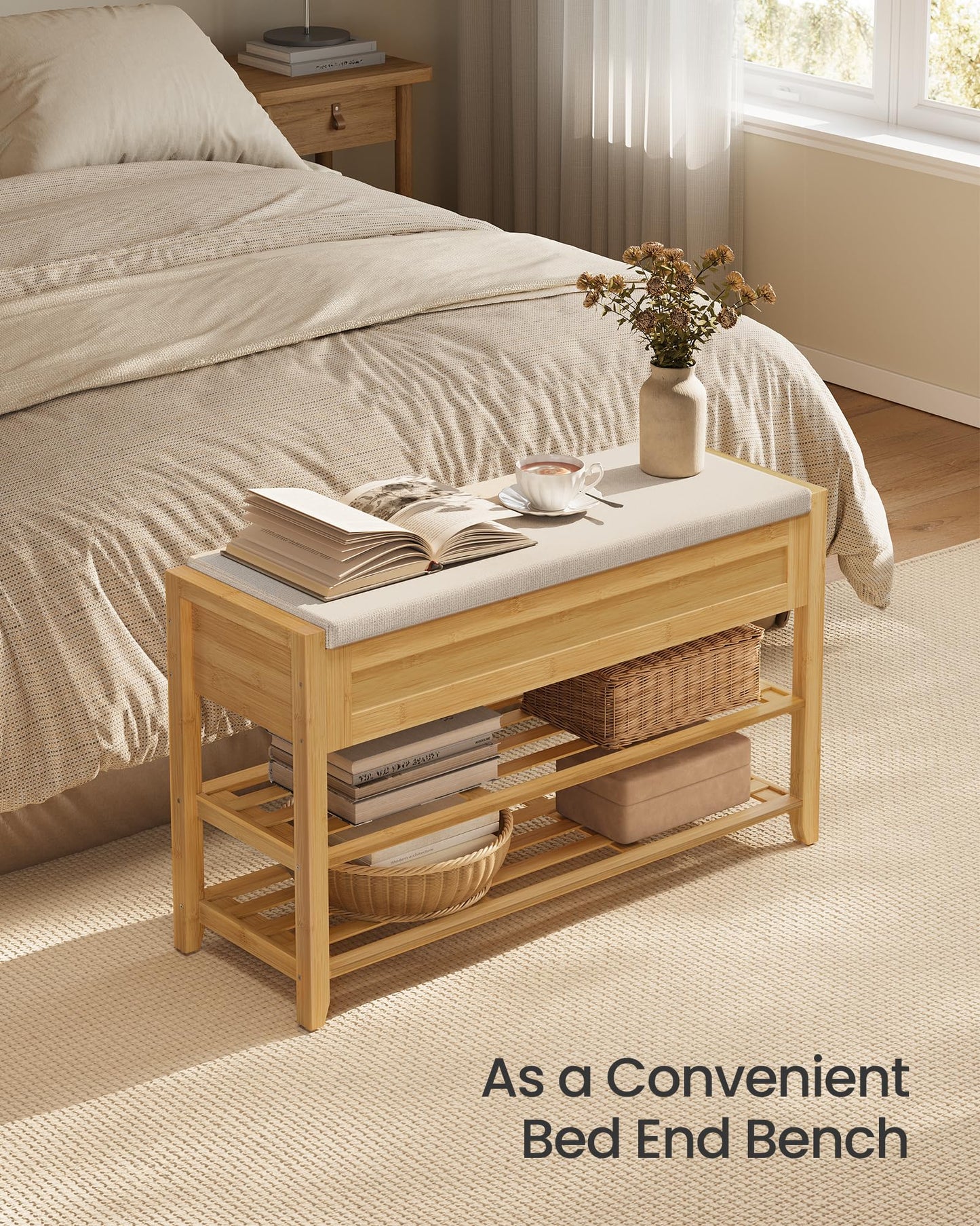 SONGMICS Storage Bench, Bamboo Shoe Rack, Entryway Furniture, 31.5 Inches Wide, Hidden Storage Compartments, 2-Tier Shoe Shelves, for Entryway, Living Room, Bedroom, Dorm, Natural Beige ULSB056N01