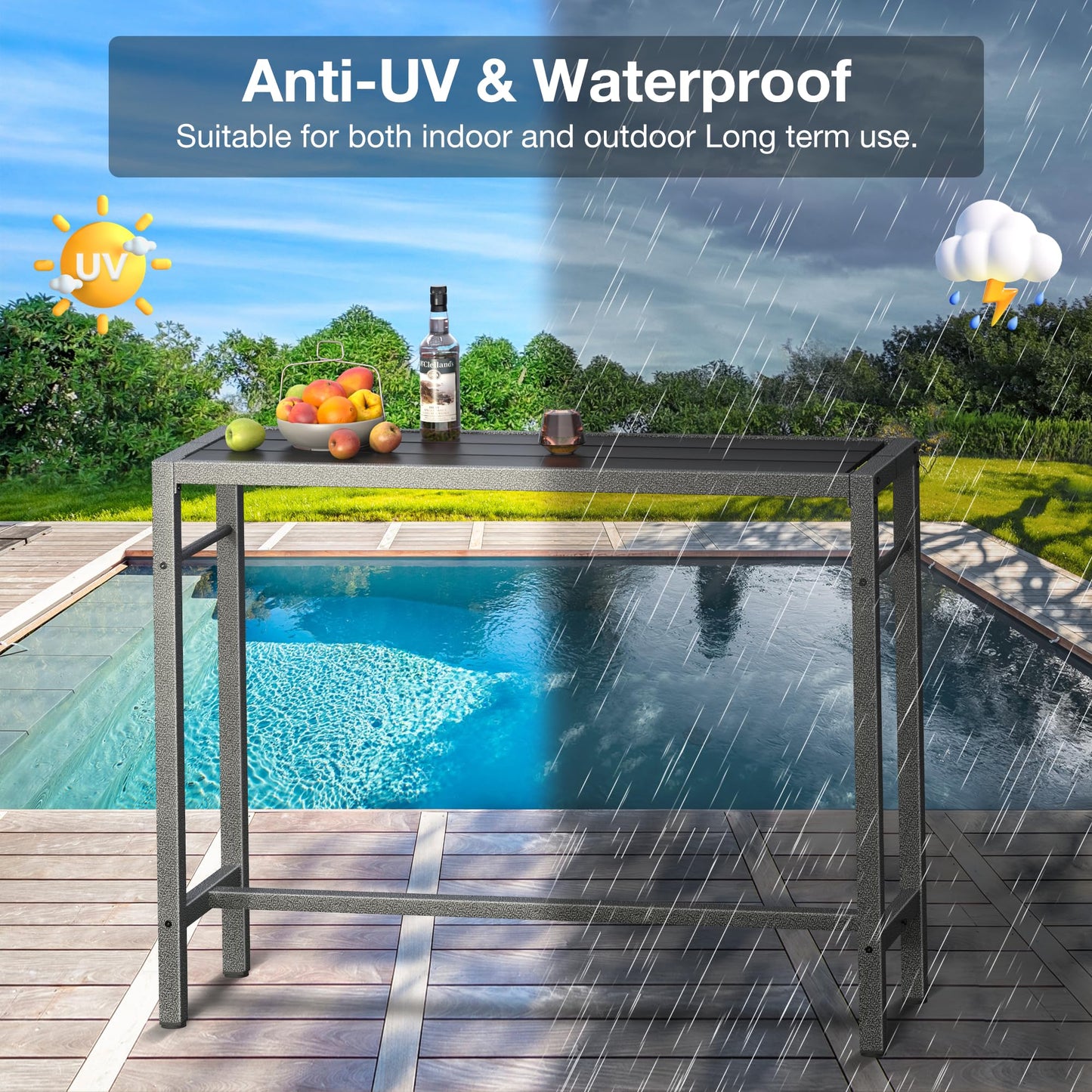 Mr IRONSTONE Outdoor Bar Table 47'' Patio Table Pub Height Dining Table with Waterproof Top and Hammer Finish Stand for Hot Tub, Garden, Backyard, Indoor