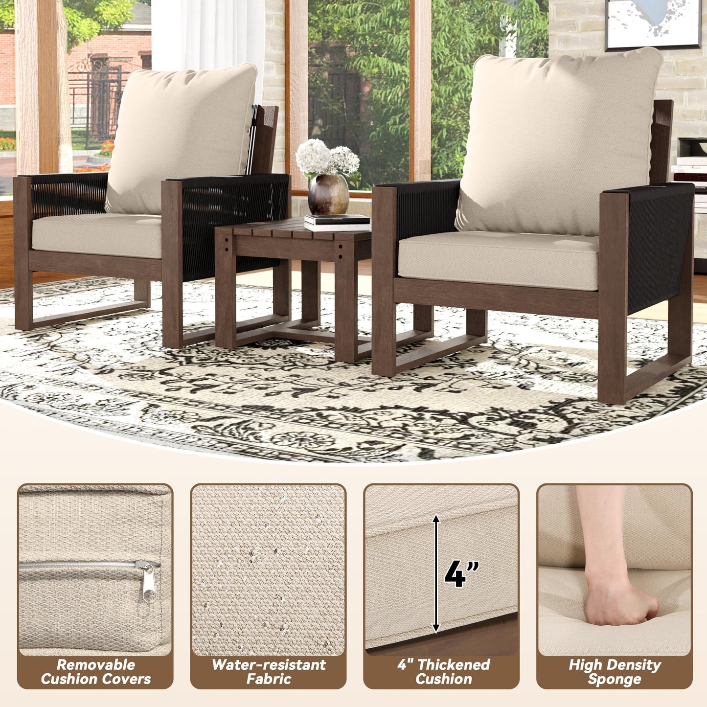 Audumas Patio Chairs 3 Piece Wood Patio Furniture with Coffee Table & Cushions, PE Wicker Outdoor Conversation Set Balcony Chairs for Garden, Porch, Deck, Backyard