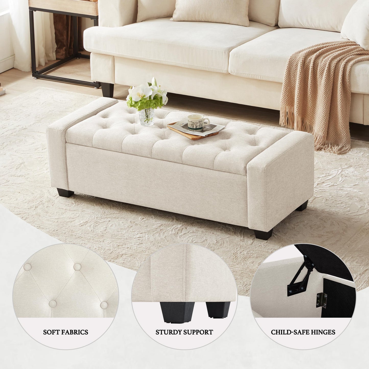 Huatean Home Ottoman with Storage, Storage Ottoman Bench with Safety Hinge, Upholstered Entryway Bench with Seating for Bedroom, Living Room, Holds up to 330 lb, Beige