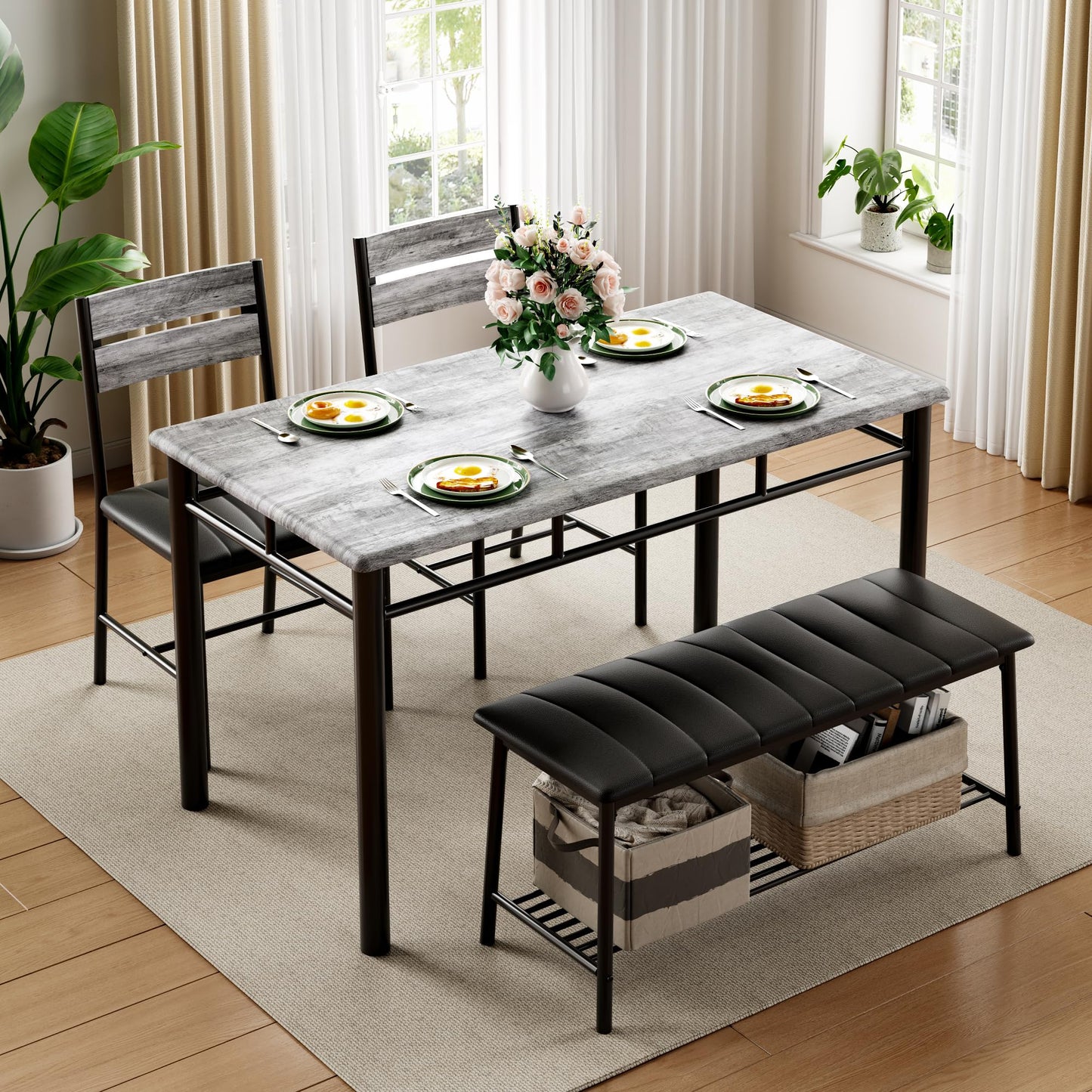 IRONCK Dining Table Set for 4, Kitchen Table with Upholstered Bench and 2 Chairs, Kitchen Table and Chairs Set for Small Space, Apartment, Gray