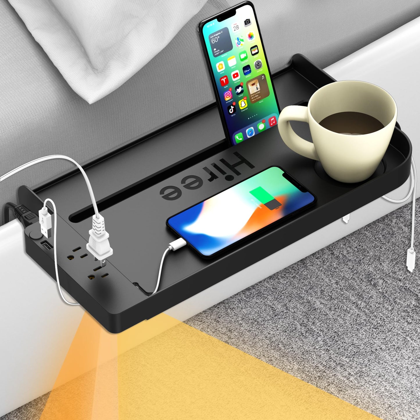 Bedside Shelf for Dorm Bunk Bed with USB Charging Port and AC Outlets, Bunk Bed Extender, Attachable Bedside Table, College Dorm Essential Clip On Bedside Tray, Bunk Bed Accessories, Plus Size, Black