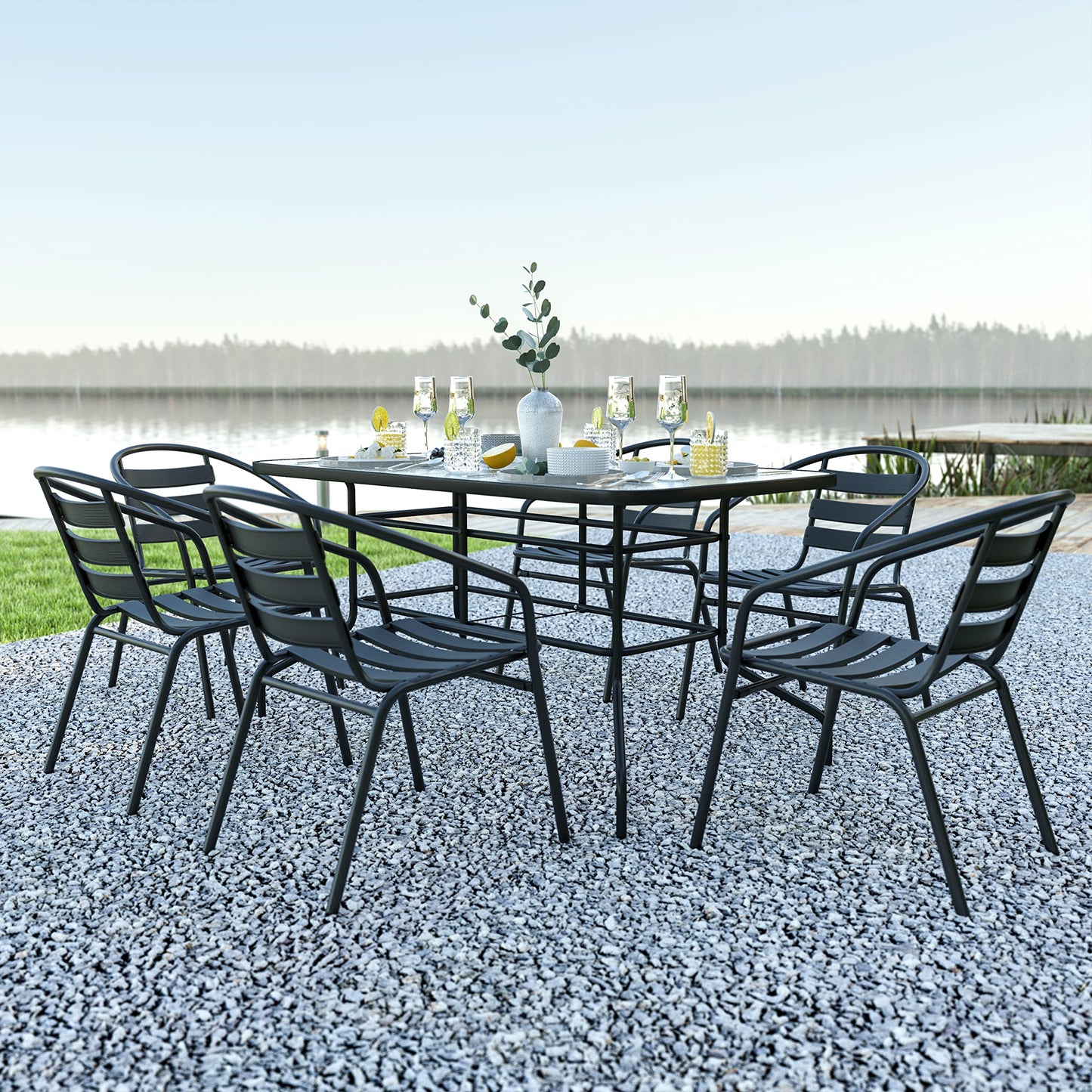 EMMA + OLIVER Patio Table & Chairs Set - Rectangular Metal Table with Tempered Glass Top - 6 Black Aluminum Stacking Chairs - All Weather for Indoor/Outdoor Use