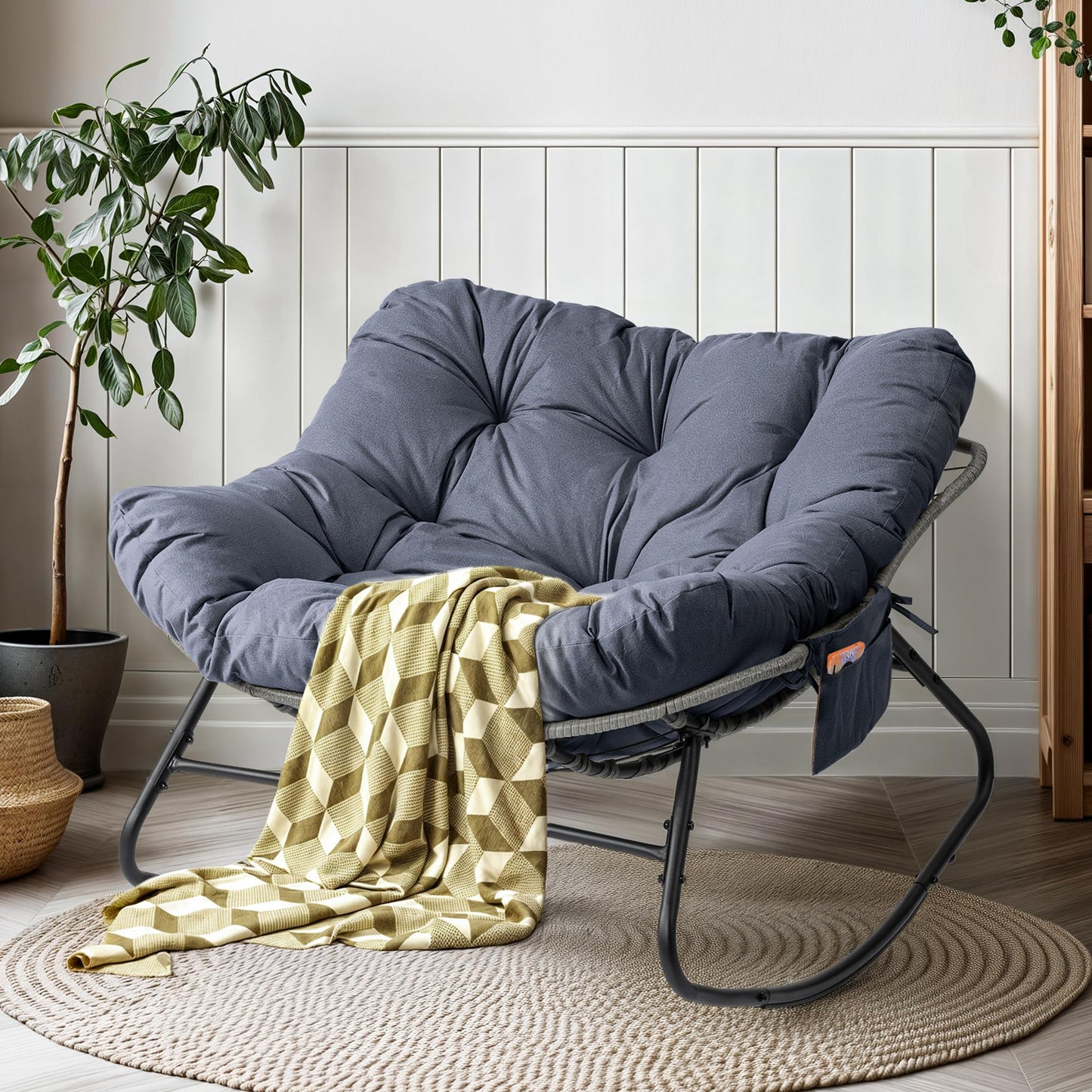 LotFun Papasan Rocking Chair, Outdoor Patio Rocking Chairs with Thick Cushion and Removable Side Pockets, Oversized Rocker Egg Chair for Bedroom, Porch, Garden (Dark Grey, 33" W x 40" D x 28" H)
