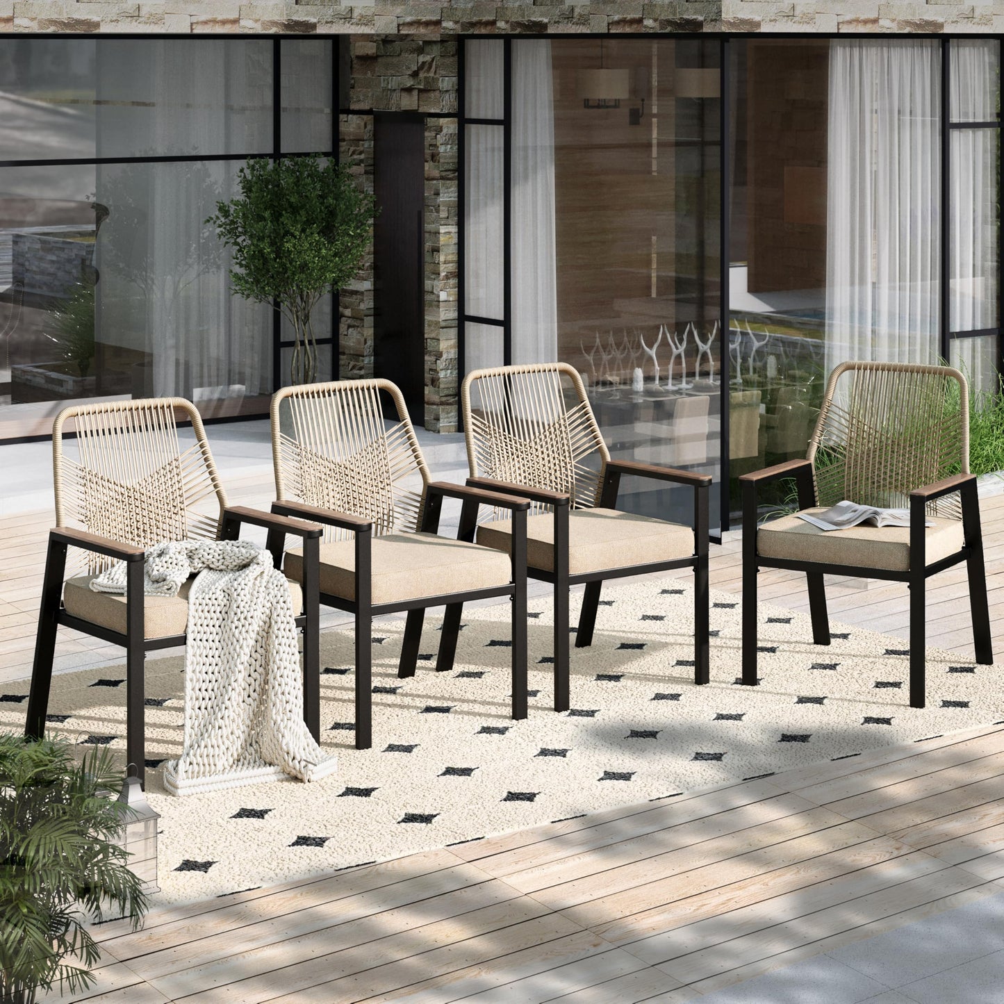 HERA'S HOUSE Outdoor Chairs Set of 4, 36.6" Rattan Dining Chairs with Heavy-Duty Wrought Iron Metal Frame, All-Weather Patio Chair for Garden Lawn Backyard Kitchen Deck