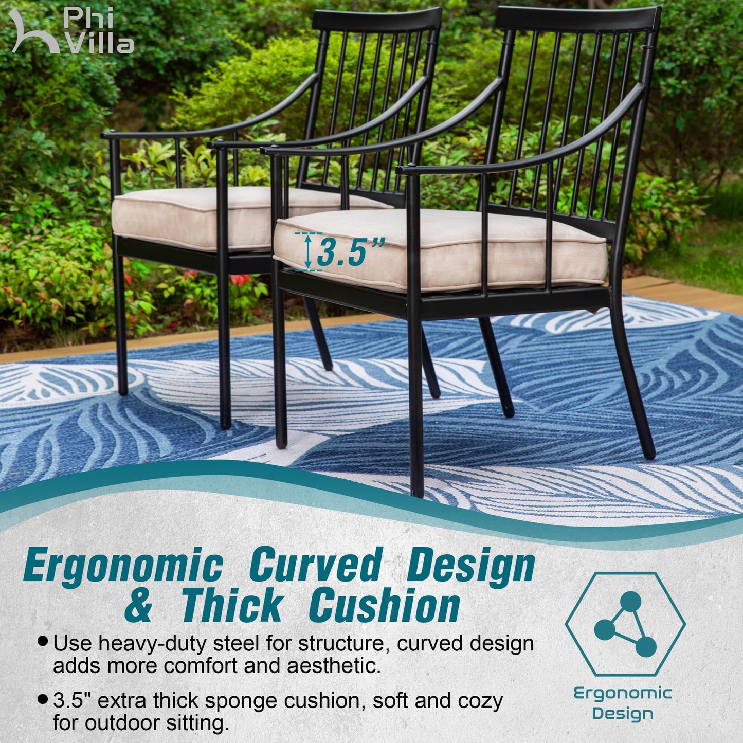 PHI VILLA 5 Piece Outdoor Dining Set with Cushion, 37” Square Metal Dining Table with Umbrella Hole & 4 Cushioned Steel Chairs for Patio, Deck, Yard
