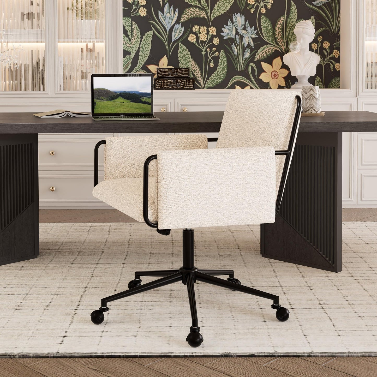 YOUTASTE Wide Office Chair with Wheels, Comfy Modern Rolling Swivel Desk Chair with Beige Bouclé Fabric, Backrest, Armrests, 300 lbs Capacity, Ideal for Makeup Vanity, Computer, Study & Bedroom