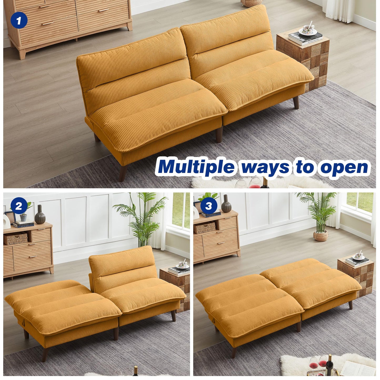 Chireca 72" Futon Sofa Bed, Convertible Futon Couch with Adjustable Backrest, Modern Corduroy Loveseat Sleeper Sofa for Small Spaces, Living Room, Office, Yellow