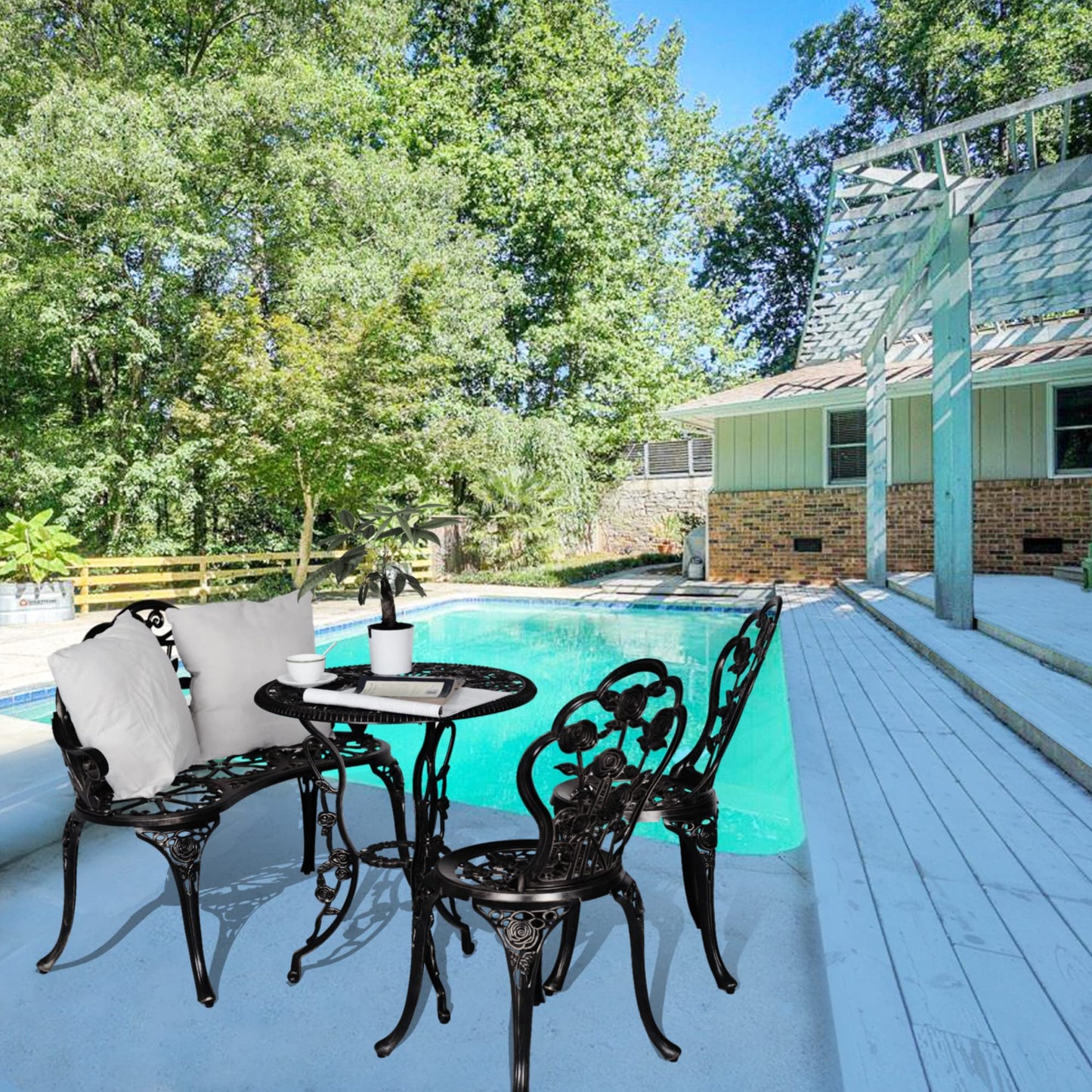 Aura Outdoor Cast Aluminum Bistro Set of 4, Patio Rose Table and Chair Set with Umbrella Hole for Balcony All Weather Resistant Black