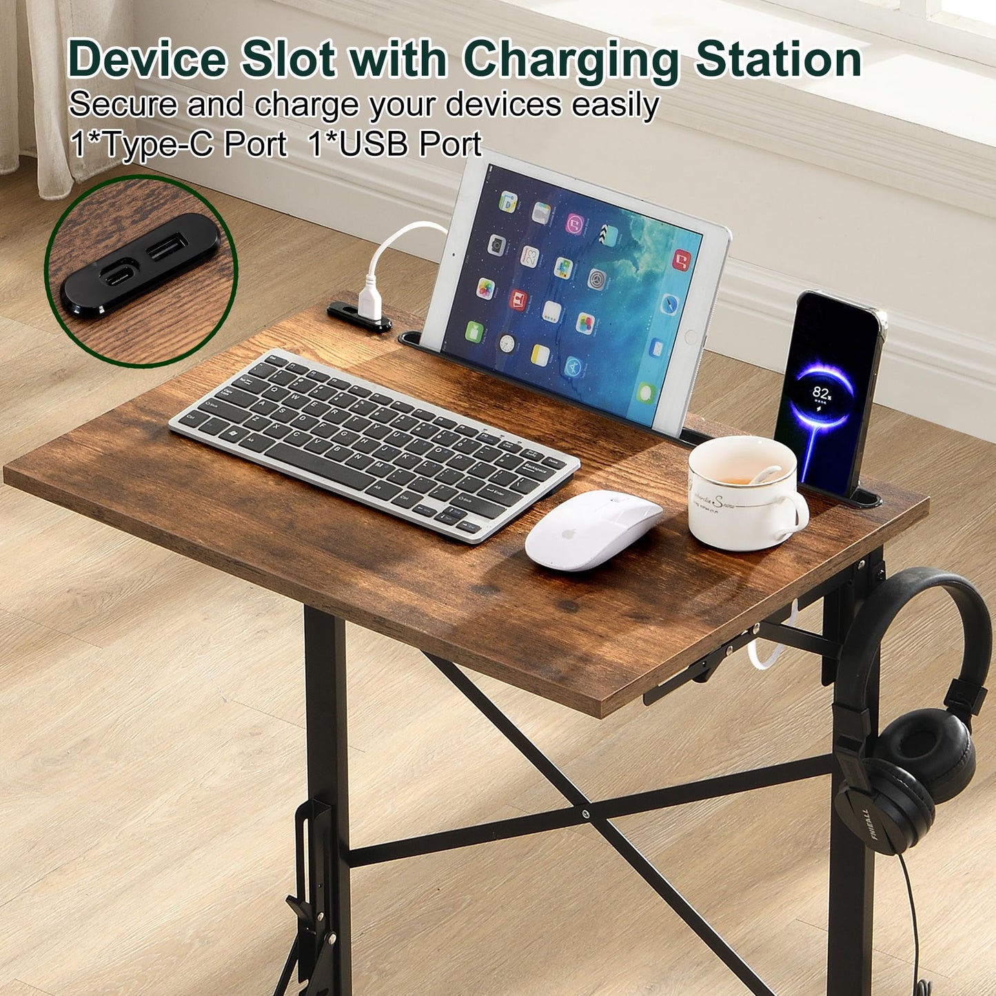 GugiNest 21''Wx28''H Folding TV Tray, Small C-Shaped End Table with Devices Slots and USB Charging Station, Slide Under Couch Side Table for Living Room, Bedroom, Rustic Brown