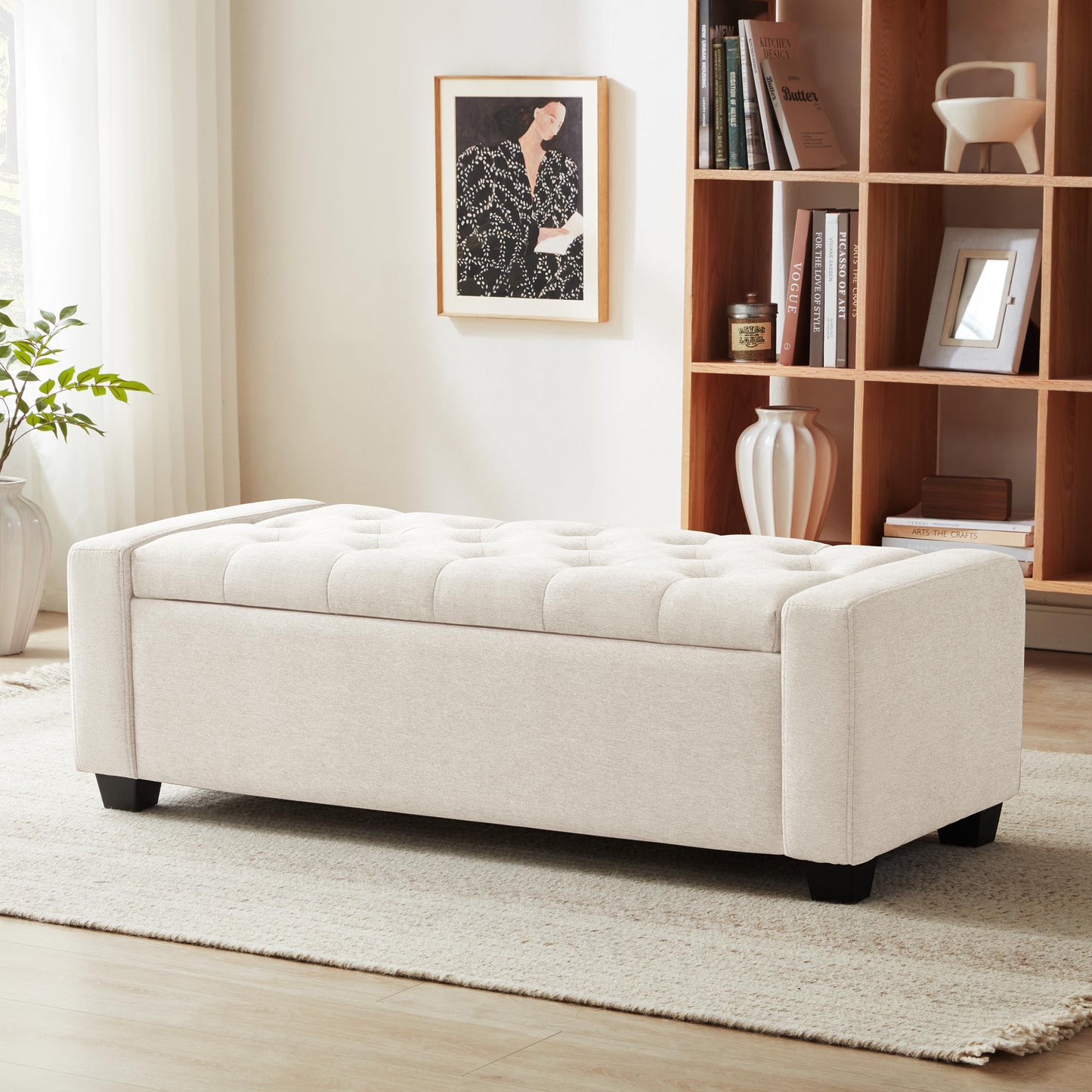 Huatean Home Ottoman with Storage, Storage Ottoman Bench with Safety Hinge, Upholstered Entryway Bench with Seating for Bedroom, Living Room, Holds up to 330 lb, Beige