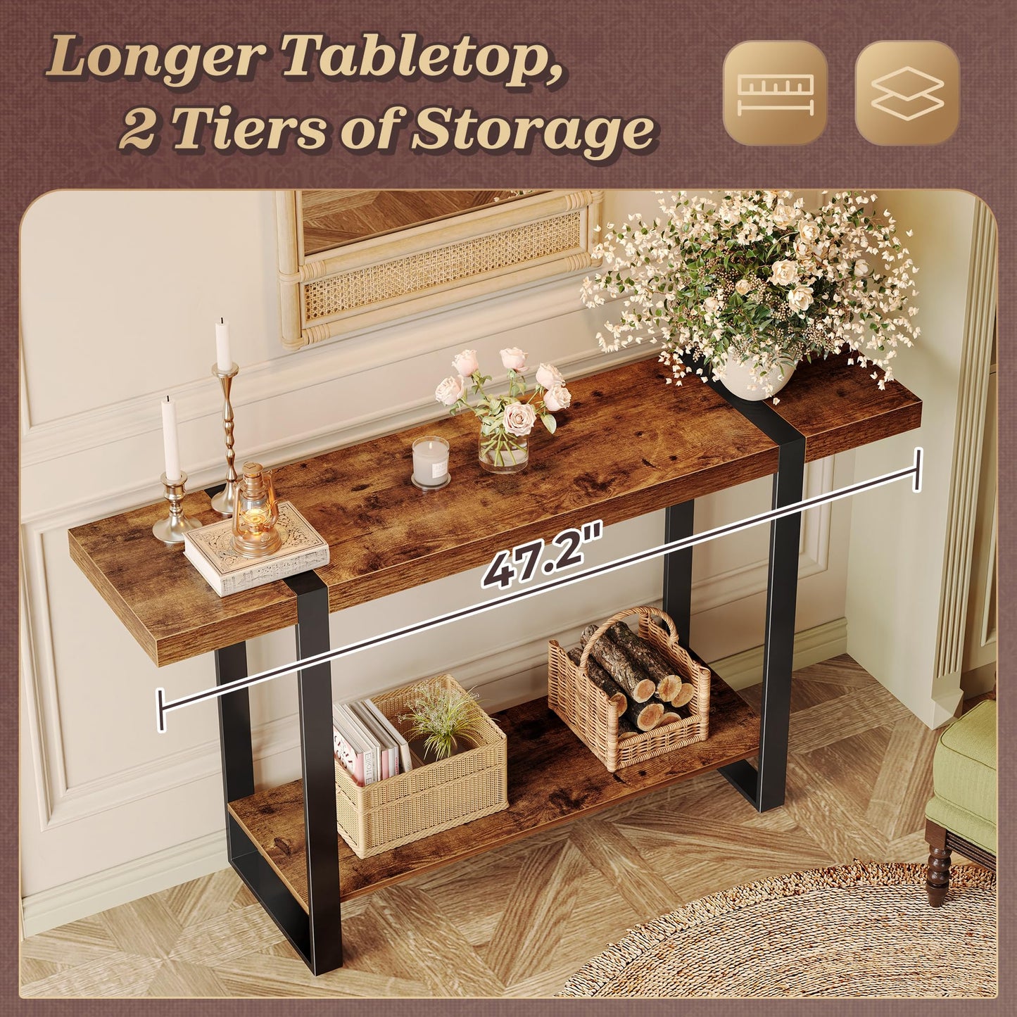 Huuger 47.2 Inch Entryway Table, 2-Tier Industrial Console Sofa Table, Accent Table with Storage, for Entry, Hallway, Entrance, Foyer, T-Shaped Metal Frame, Rustic Brown