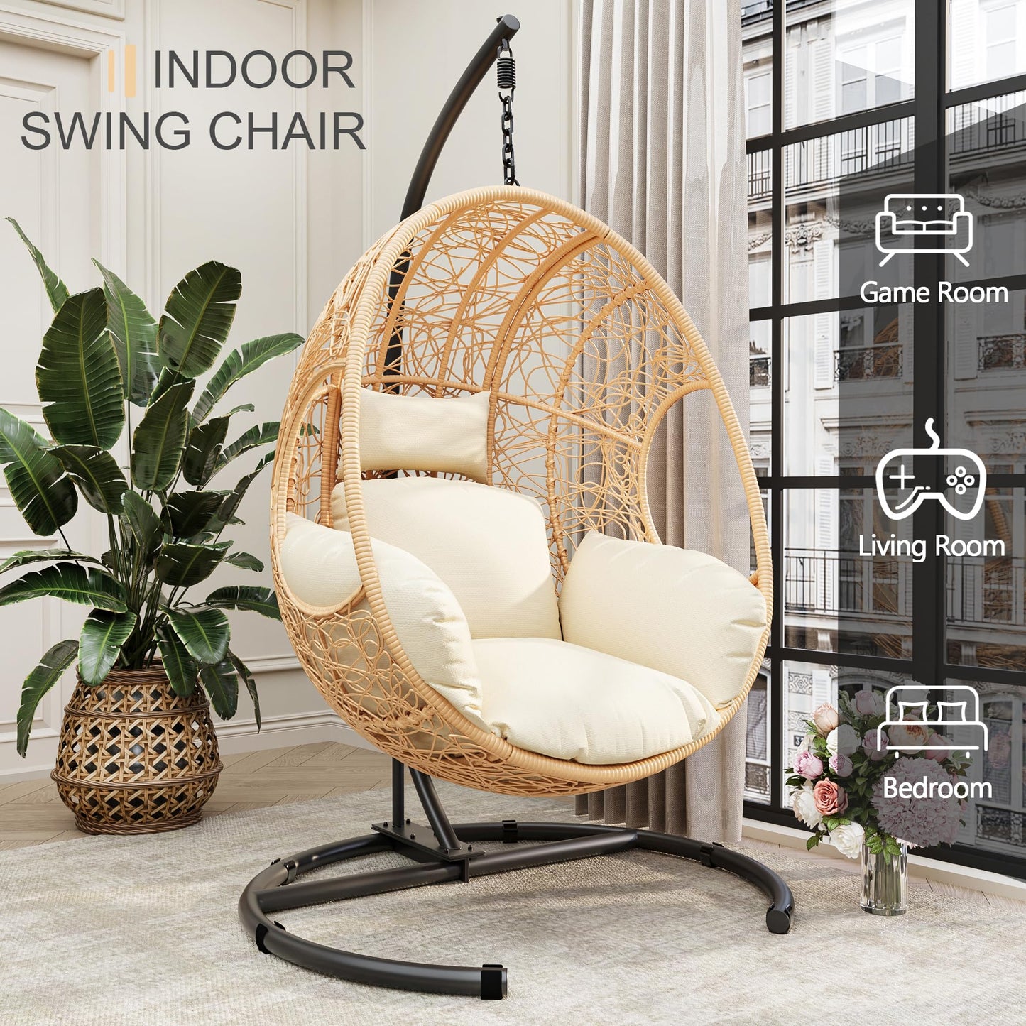 LUTINLIX Oversized Hanging Egg Chair Outdoor Indoor, Wicker Swing Egg Chair with Stand 400lbs Capacity for Bedroom, Patio, Garden and Balcony (Beige-nest, Oversize)