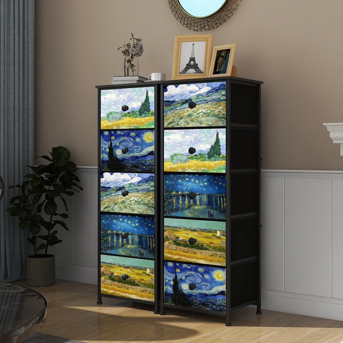 Welfuturer Dresser with 5 Drawers Narrow Tall Nightstand Van Gogh Dresser for Bedroom Fabric Drawer Organizer Unit for Living Room Entryway Hallway Closet Sturdy Steel Frame Wooden Top