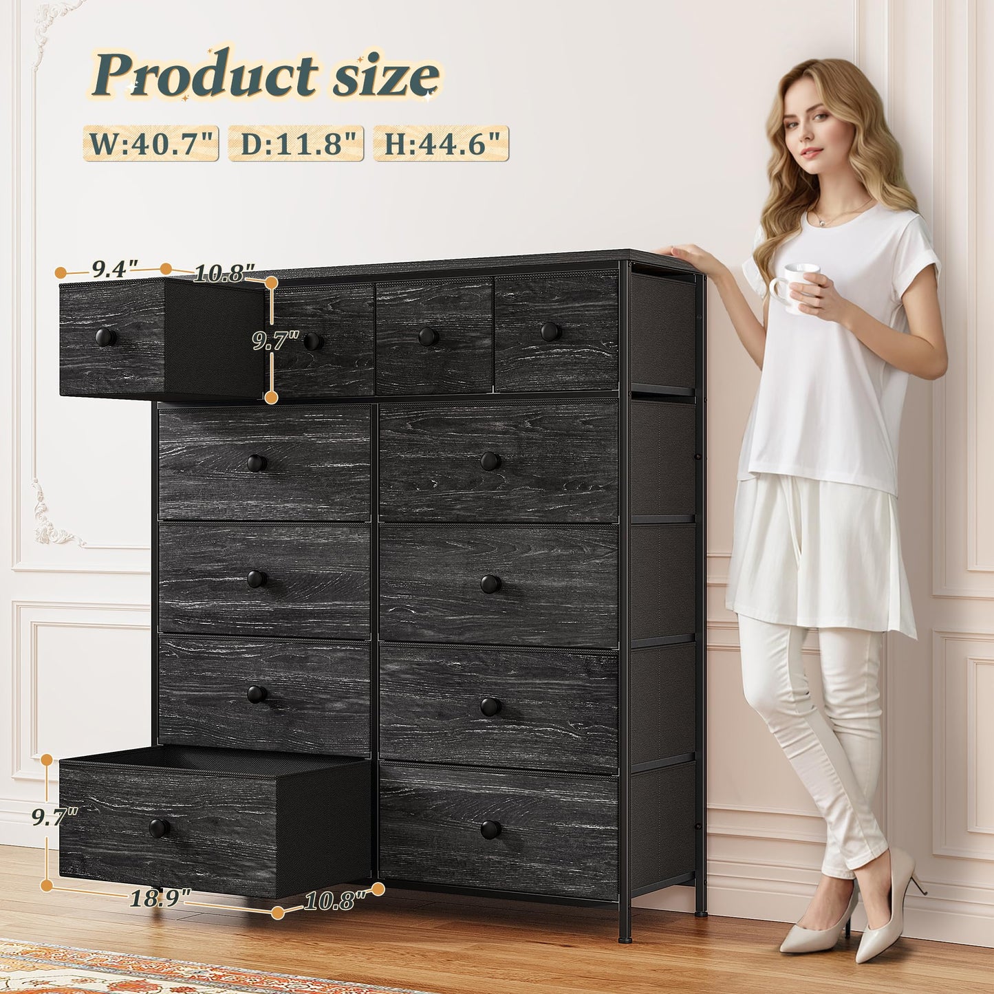 Romorgniz Tall Dressers for Bedroom with 12 Drawers, Fabric Storage Dressers & Chests of Drawers, Sturdy Metal Frame, Wood Top, Closet, Entryway, Bedroom Furniture (Charcoal Black)
