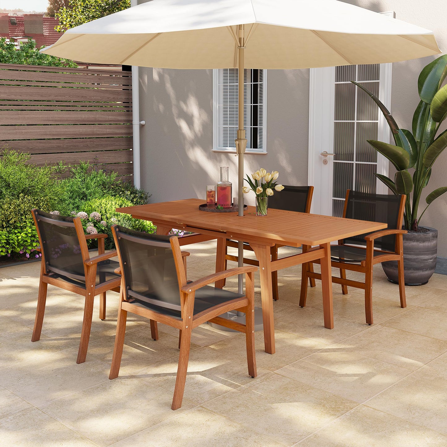 OC Orange-Casual Patio Furniture Set, Acacia Wood Patio Dining Set for 6-8, Outdoor Expandable Table and Chairs Set with Umbrella Hole and Breathable Textilene Fabric for Garden (Black, 5 Pieces)
