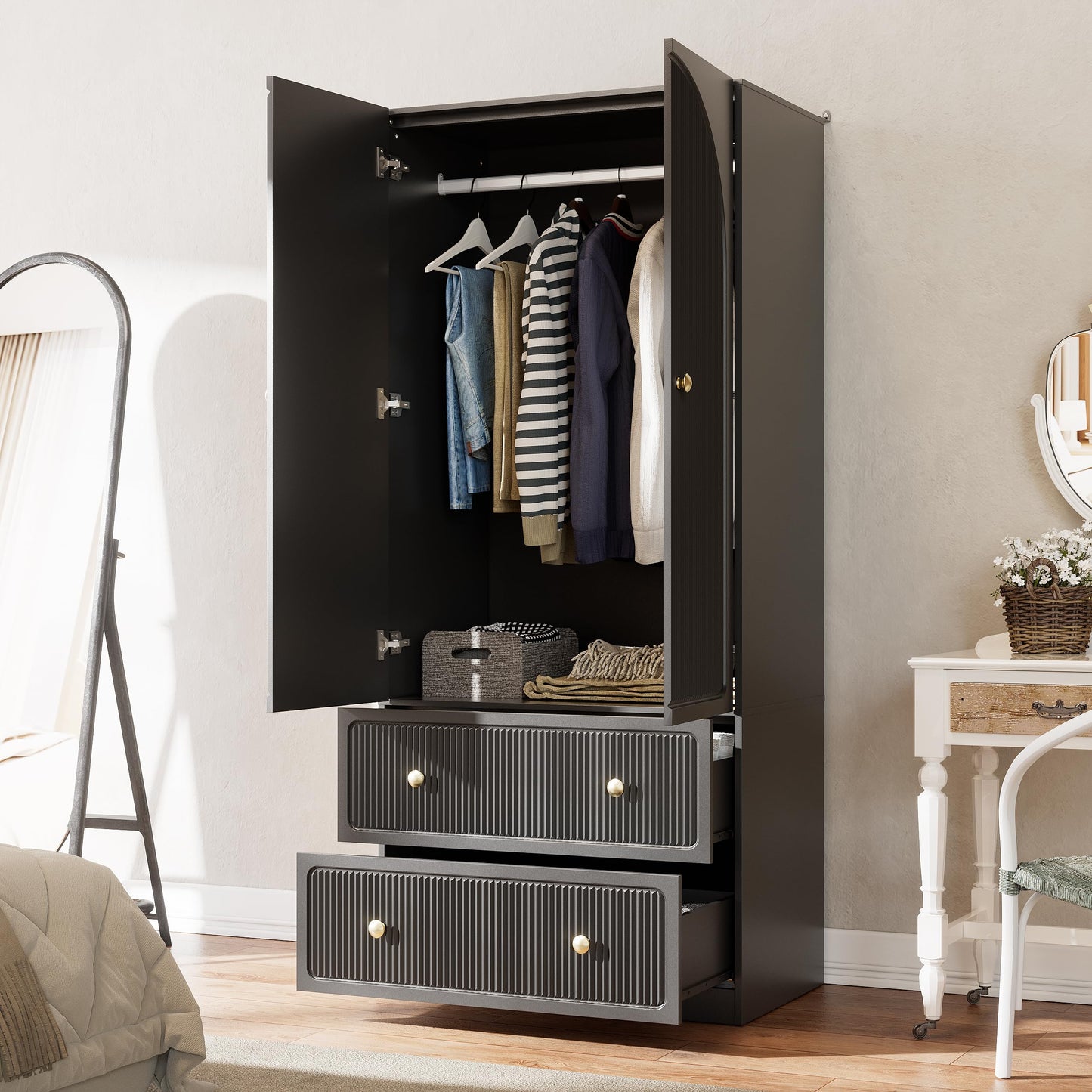 PAKASEPT Armoire Wardrobe Closet with 2 Drawers & Hanging Rod, Freestanding Wooden Wardrobe Cabinet with 2 Striped Doors for Bedroom, Living Room