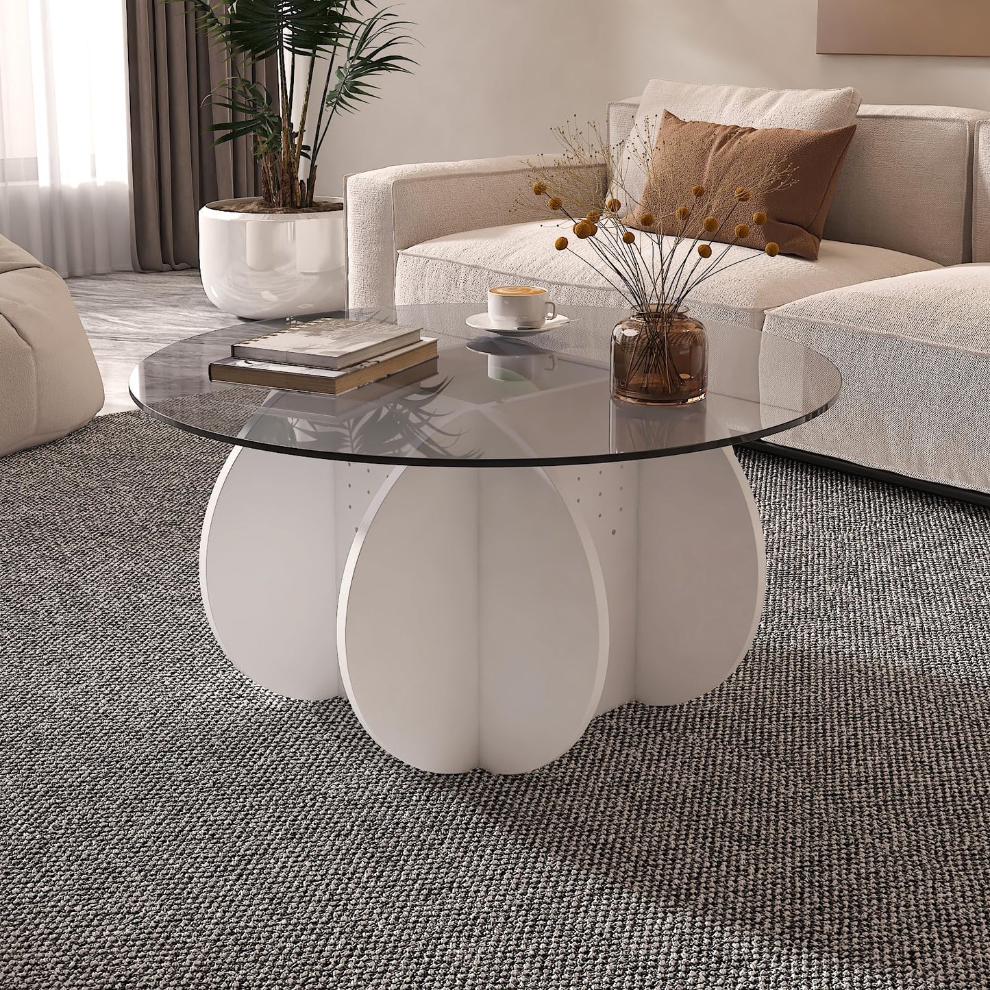 HedoAjim Round LED Coffee Table with Glass Top,Center Table with Storage for Living Room,Small Spaces, Office, and Lounge,32" White and Grey Glass Coffee Table with Smart Music Lamp