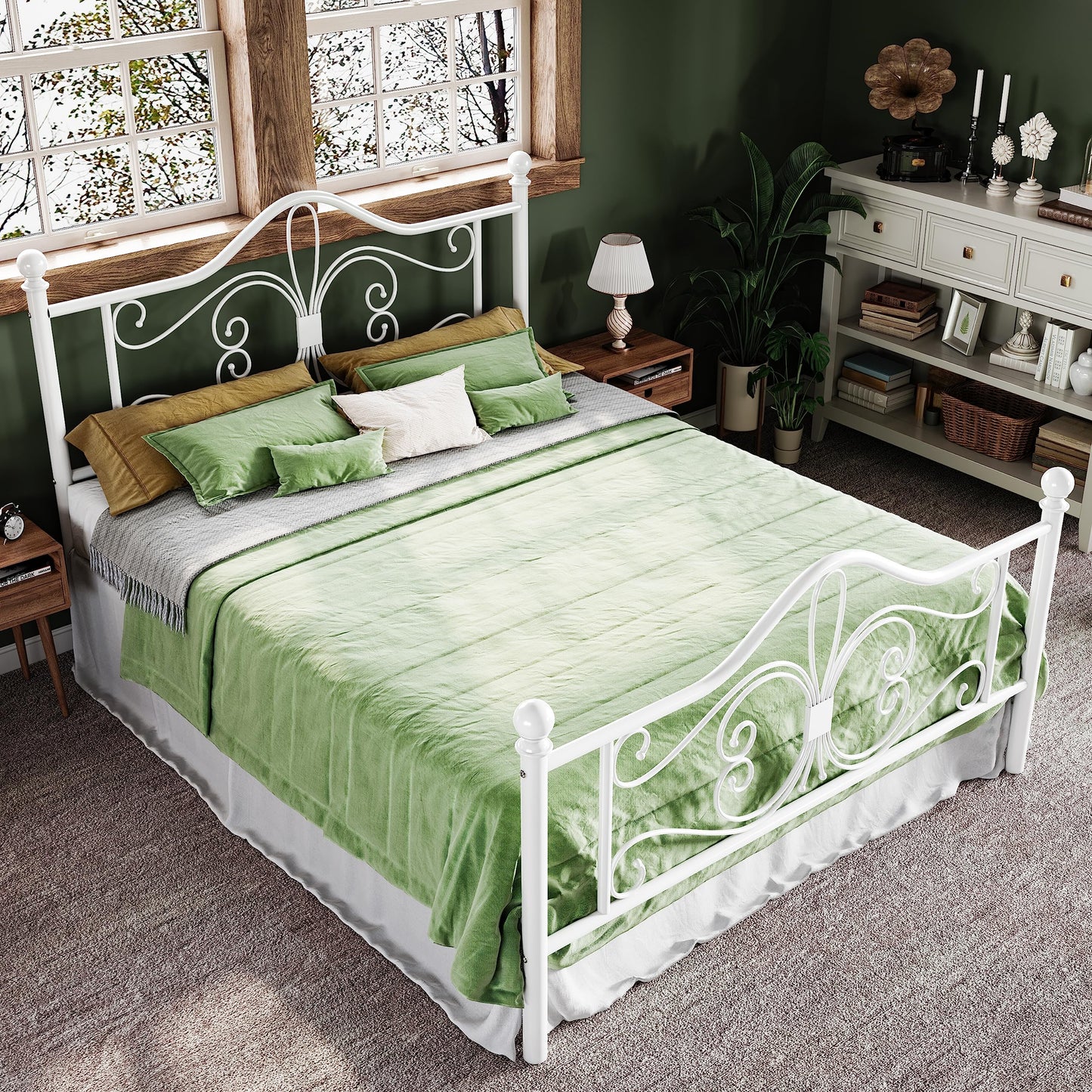 Allewie Queen Size Bed Frame with Headboard,Metal Bed Frame with Butterfly Pattern Design Headboard & Footboard,No Box Spring Needed,Easy Assembly,White