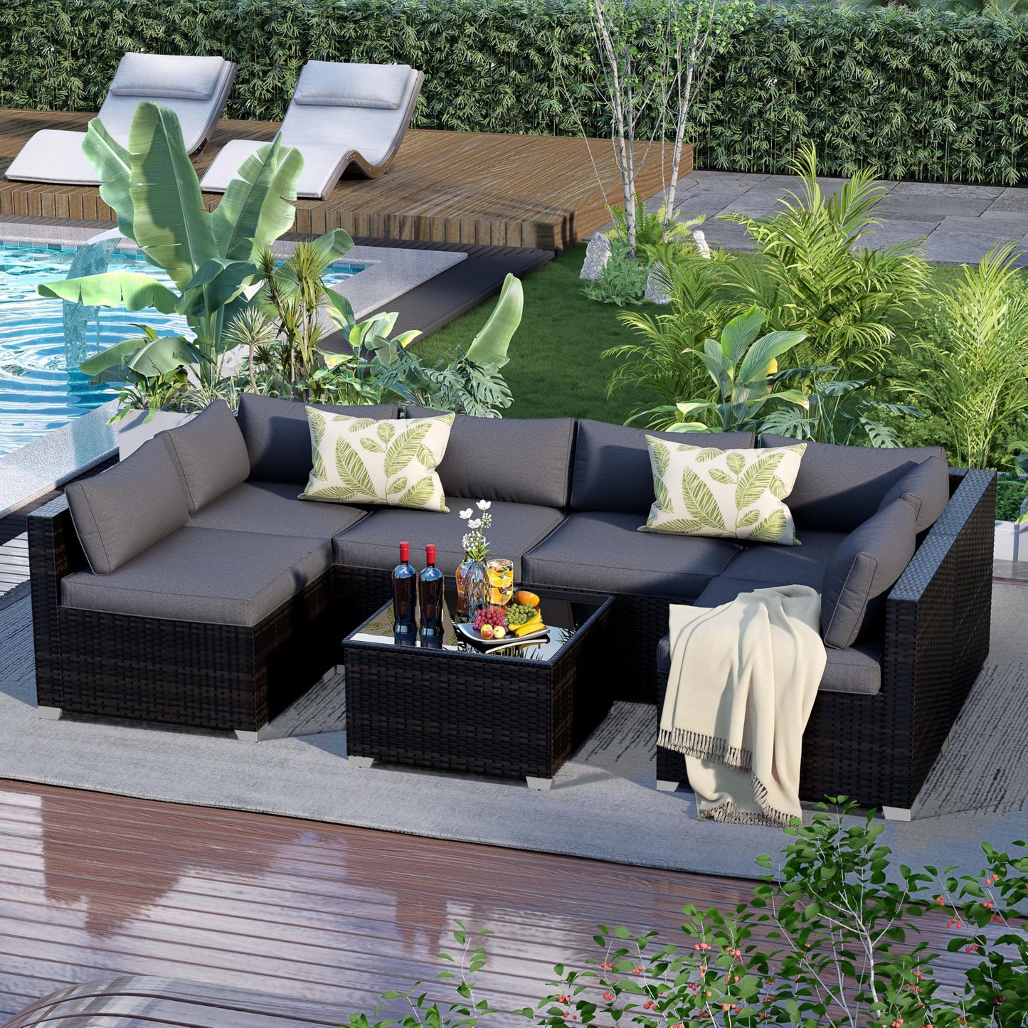ELEGIBLISS 7 Pieces Patio Furniture Set - Outdoor Sectional Wicker Rattan Furniture with Cushion and Glass Table Patio Conversation Sets for Porch Poolside Backyard Outdoor Sofa Set Modular Sofa