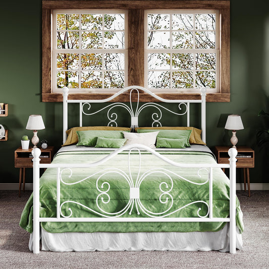 Allewie Queen Size Bed Frame with Headboard,Metal Bed Frame with Butterfly Pattern Design Headboard & Footboard,No Box Spring Needed,Easy Assembly,White