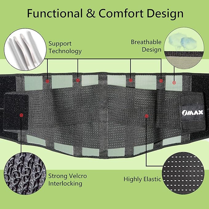 OMAX Lumbar Back Brace Immediate Lower Back Pain Relief, Dual Adjustable Support Straps for Men/Women for Work, Breathable Mesh Support Belt for Herniated Disc, Sciatica, Black, S 29"-35"