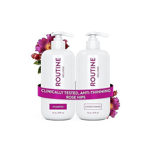 Routine Wellness Anti-Thinning Shampoo and Conditioner Set for Thinning Hair - Biotin DHT Blocker Women & Men Color Safe Loss Healthier Rose Hips (Pack of 2)
